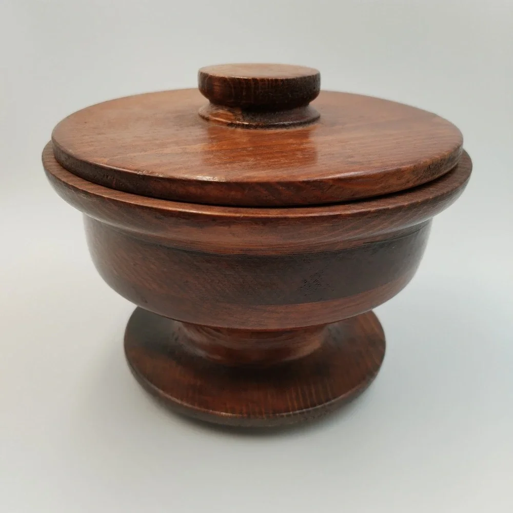 Vintage Hand Turned Wood Lidded Pedestal Bowl Artisan Signed 